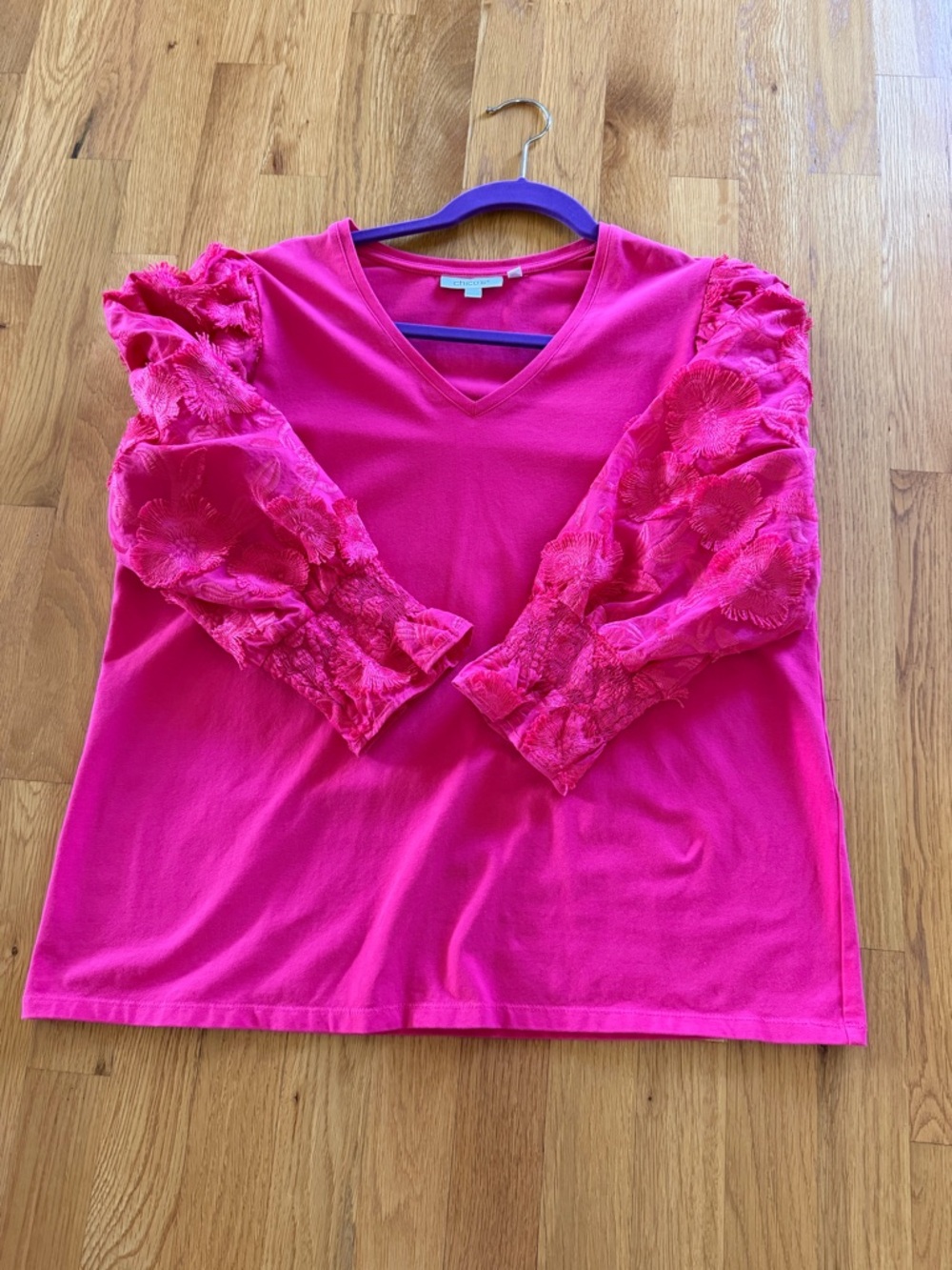 Chico's Hot Pink V-Neck Top with Lace Puff Sleeves - Picture 2 of 2